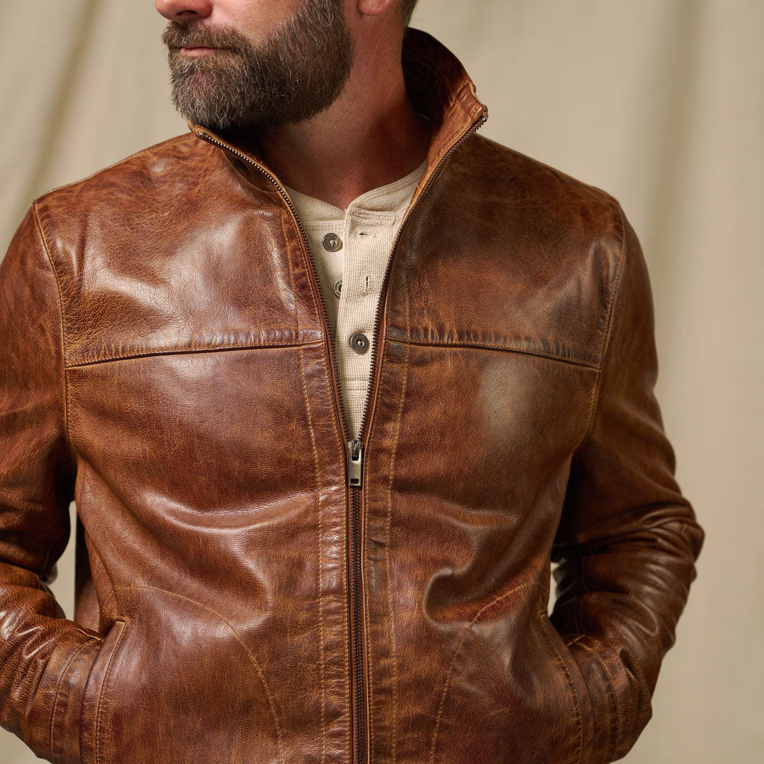 Sedona Leather Jacket in Copperwood Brown — vintage wash sheepskin detail